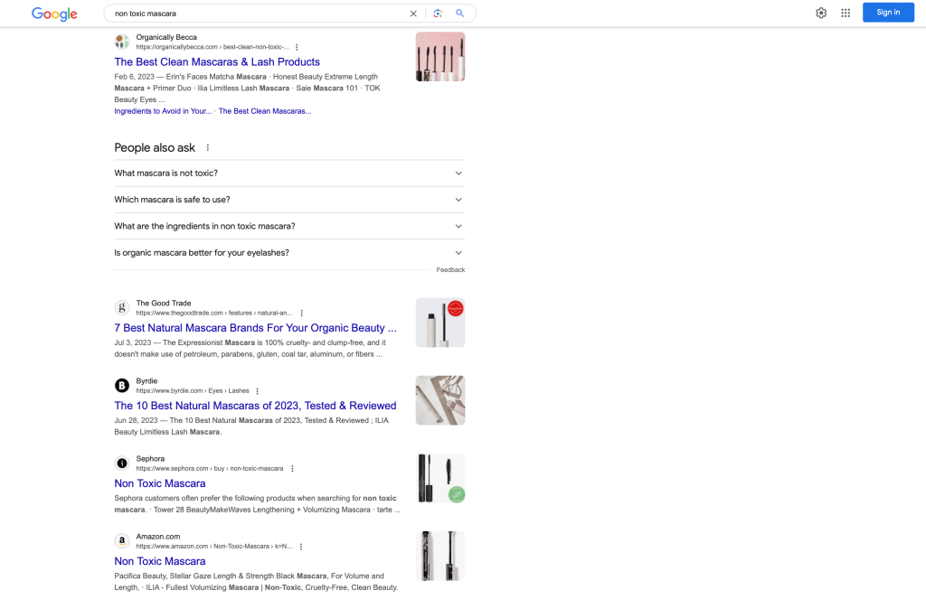 First page search results on google for Non toxic mascara